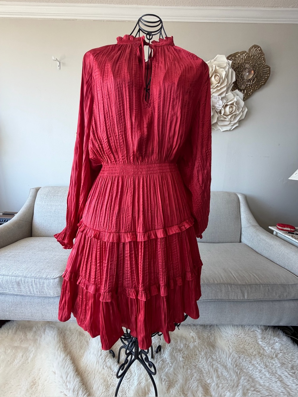 Red Long-Sleeve Tiered casual Dress.